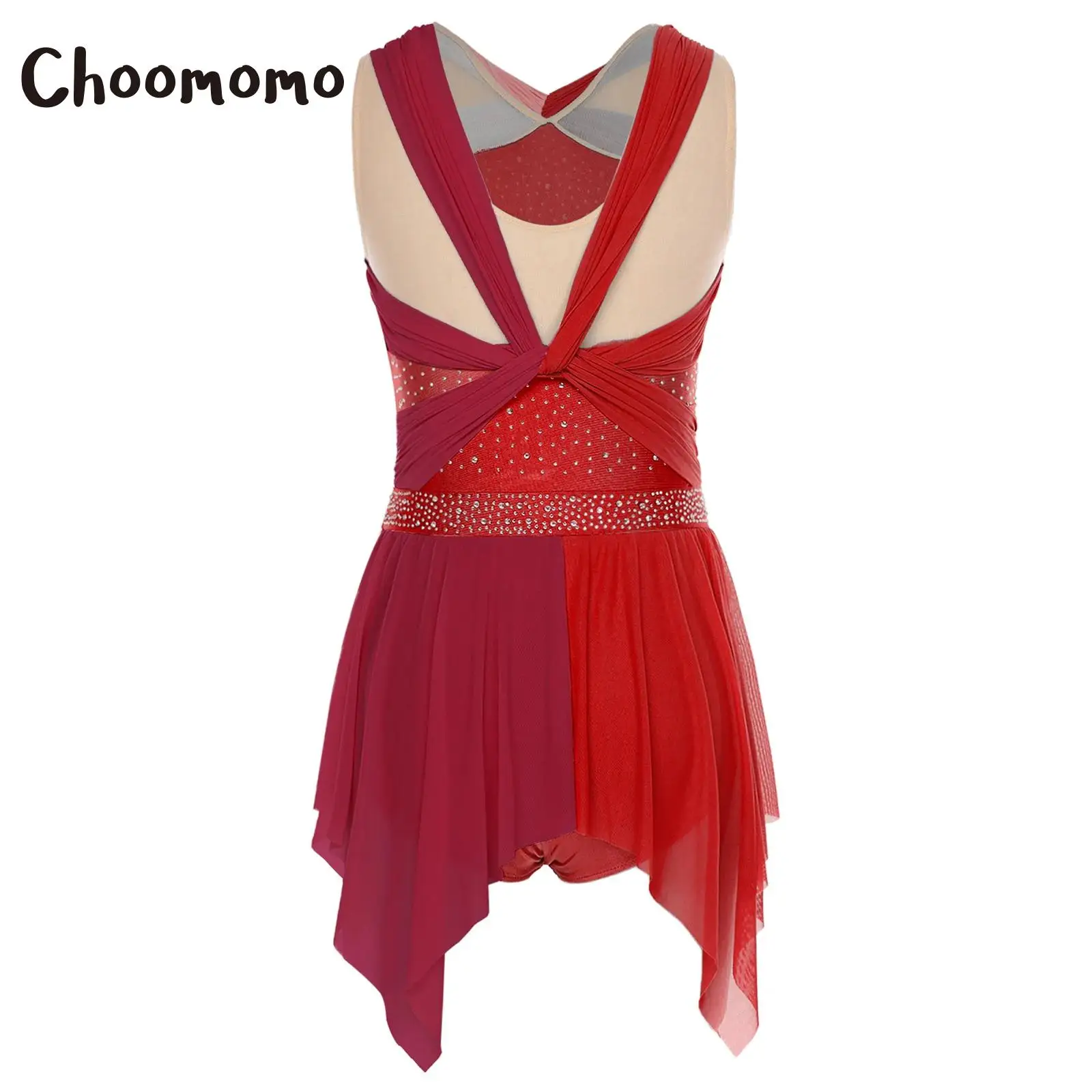 

Womens Rhinestone Lyrical Dance Dress Color Block Mesh Ruched Twisted Knot Irregular Hem Sleeveless Leotard Dress Dancewear