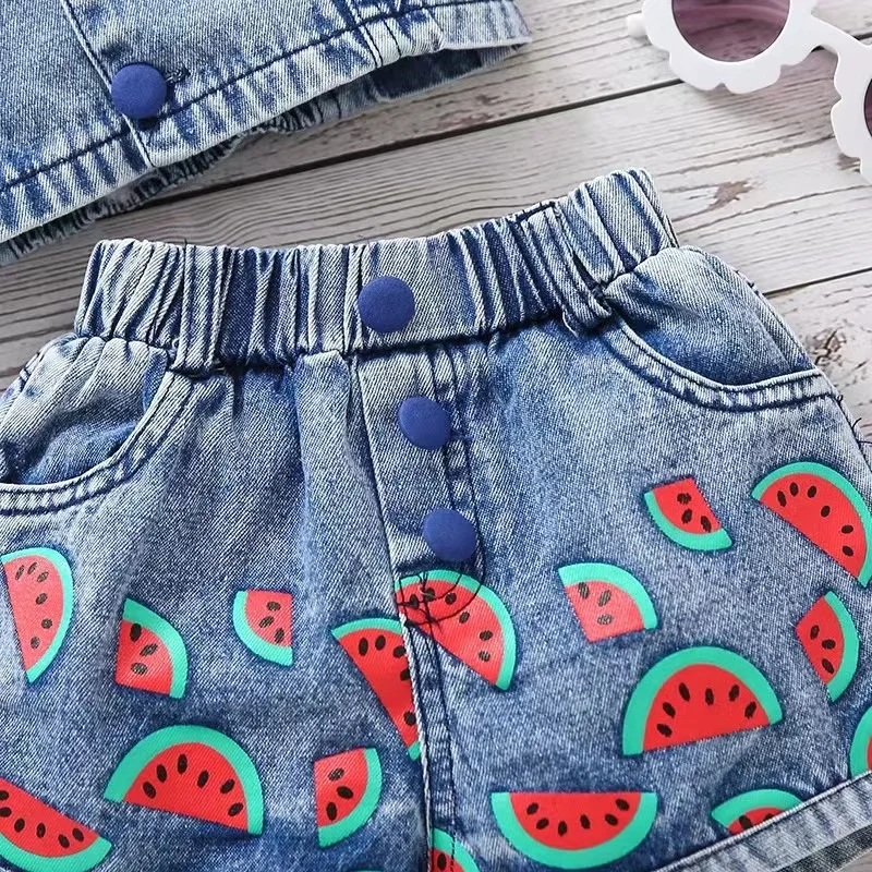 Summer Baby Girl Children Blue Denim Strap Top+Watermelon Printed Denim Shorts