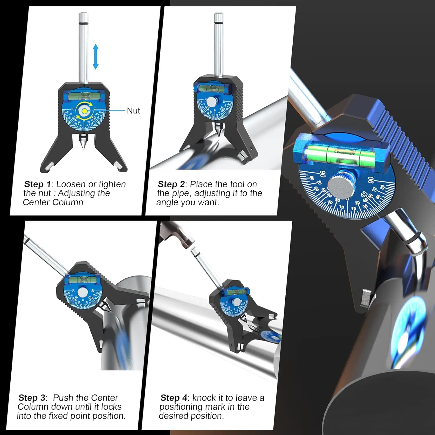 Pipe Marking Center Tool,Locate＆Mark the Center of Pipes 0.8in and Above, Y-shaped Base-Magnetic Design,Dial Bubble Protractor