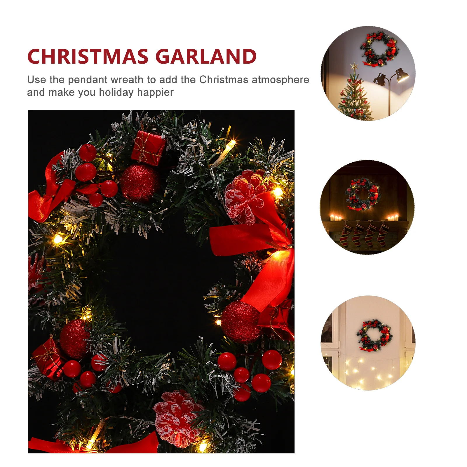 

Decoration with Lamp Wreath Christmas Wreaths Front Door Red Bow Decorative Decorations Wall Hanging Pvc Garland