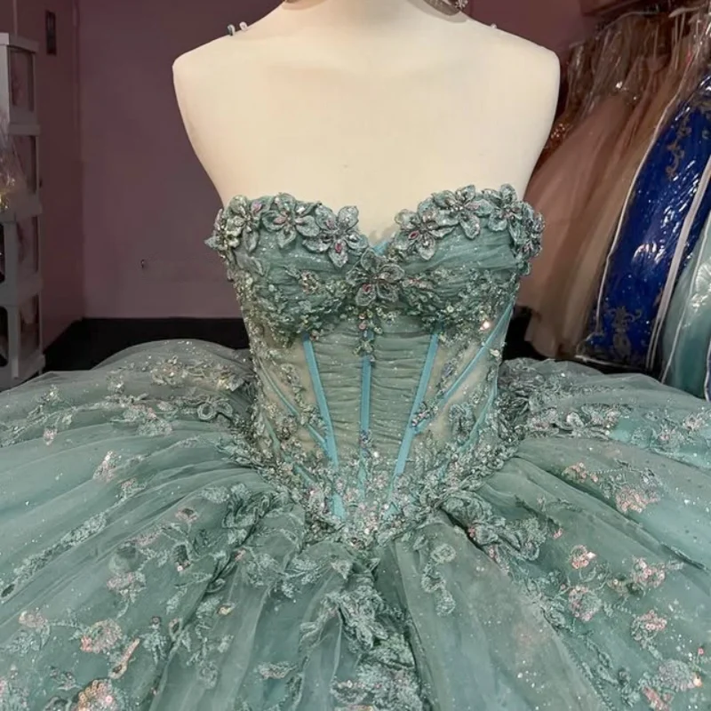 

Блестящее светло-зеленое платье Quinceanera с открытыми плечами по индивидуальному заказу, тюлевое кружевное многослойное платье с 3D цветочной аппликацией, платья de 15, Quinceanera