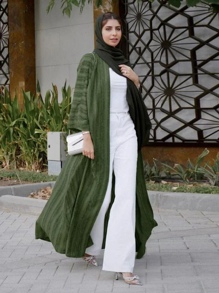 Ribbed Abaya terbuka kardigan mantel Muslim elegan rajut Abaya untuk wanita Dubai mewah Turki pakaian Islami Kimono Femme Musulmane