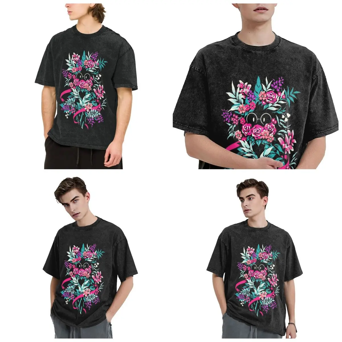 

Streetwear T-Shirts Deltarune Spamton Merch Ralsei Floral Washed T Shirt Short Sleeve Hip Hop T-Shirt Tops Tees for Men Women