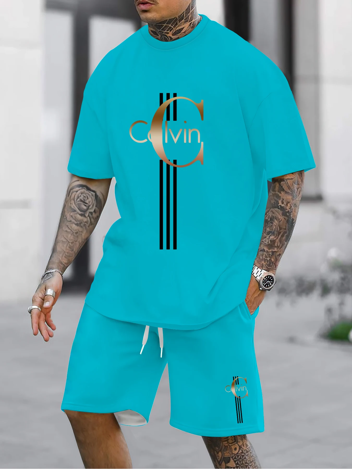 

Summer Men's Set Polyester Sports and Leisure Round Neck with Micro Elastic Knitted 2-piece Set Short Sleeve T-shirt and Pants