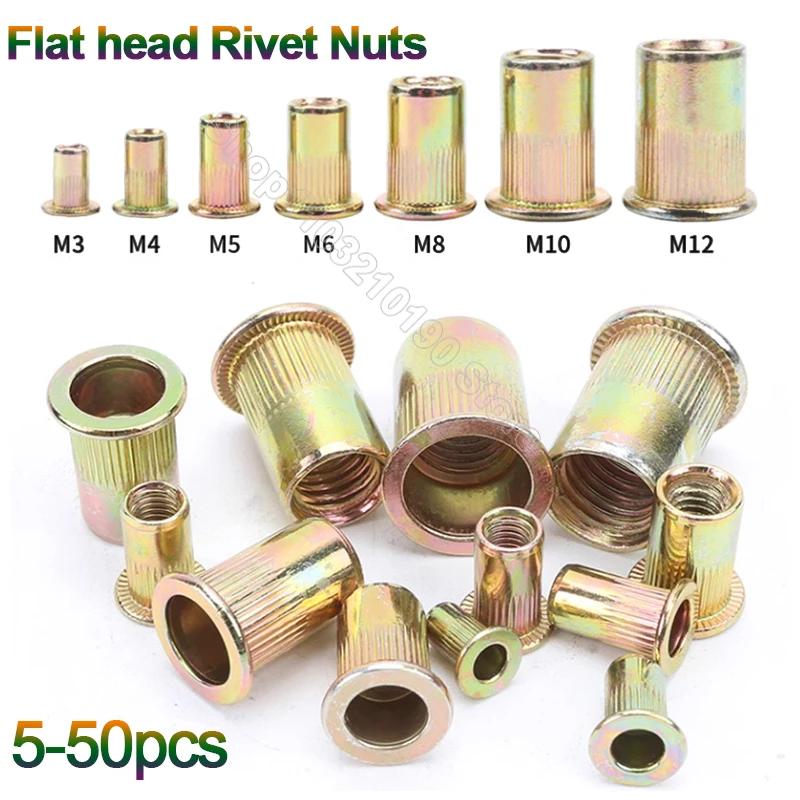 

5-50Pcs M3 M4 M5 M6 M8 M10 M12 Rivet Nut Flat Head Threaded Rivet Insert Nut Color Zinc Cover Rivet Nut Galvanized Carbon Steel