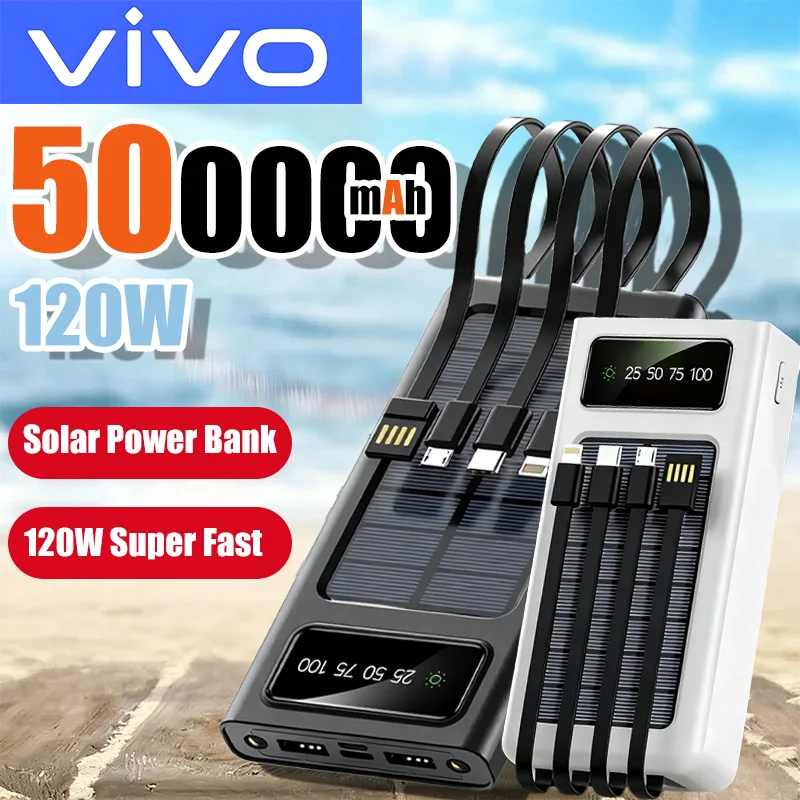 VIVO Solar Power Bank 500000mAh Large Capacity Mobile Power Fast Charging Battery With Dual USB 4 Cables For iPhone Samsung 2025