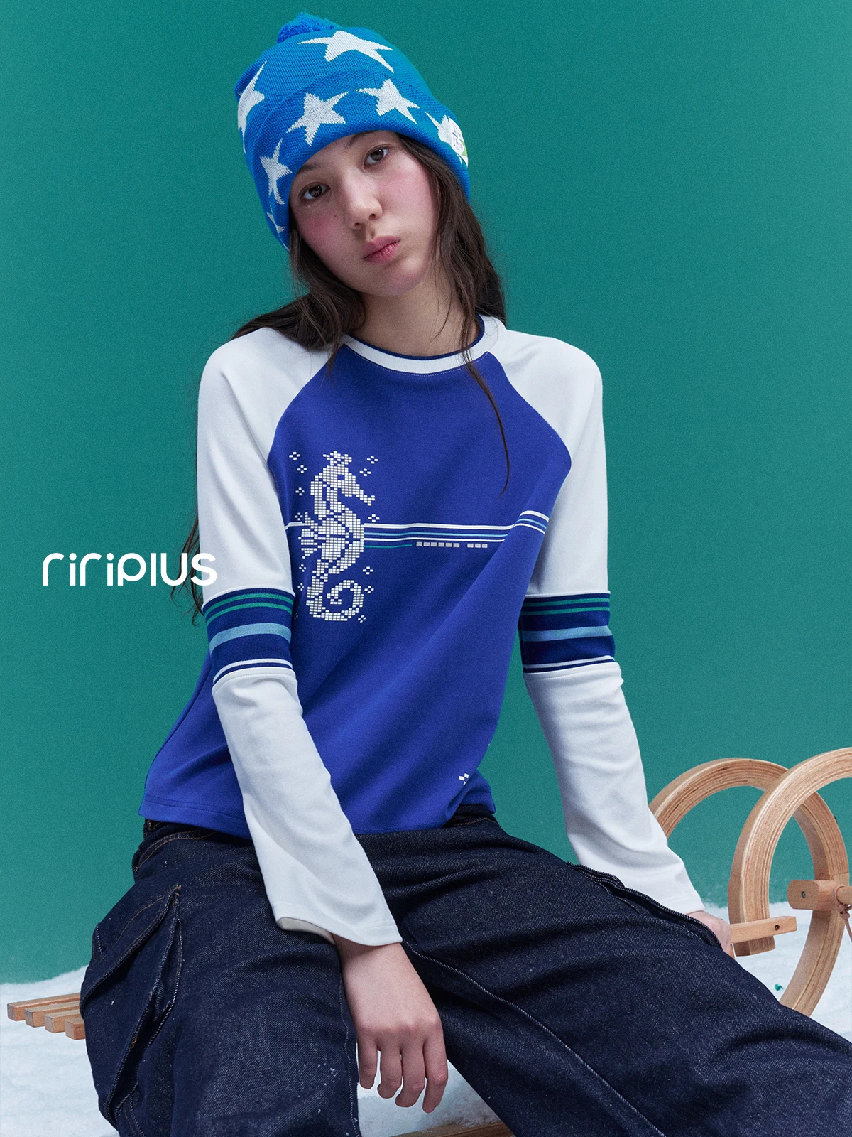 Riverstone plus Y2K Printed Long Sleeve T-Shirt Women's Autumn Winter New Design Color Block Retro Style Cotton Blend Top