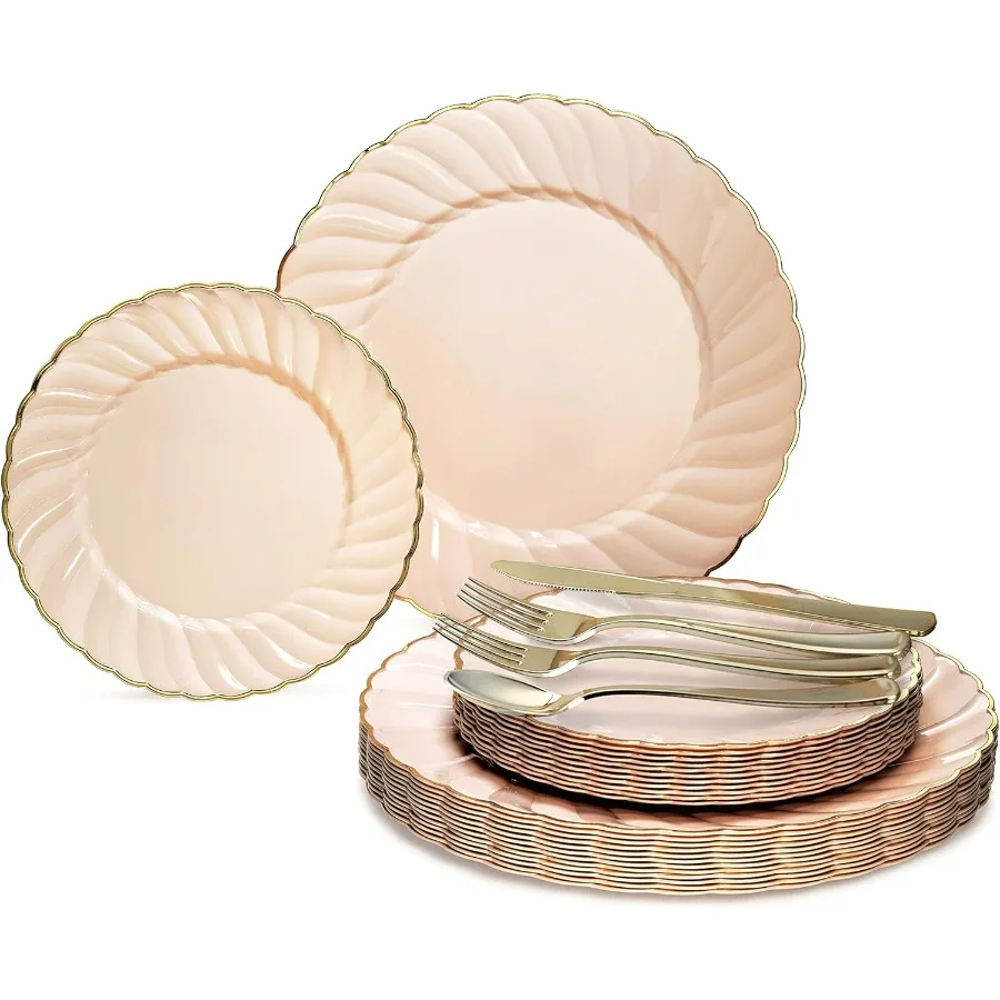 

OCCASIONS 150pcs set 25 Guests Vintage Wedding Party Disposable Dinnerware Set Plastic Plates Silverware w double fork 10.25''