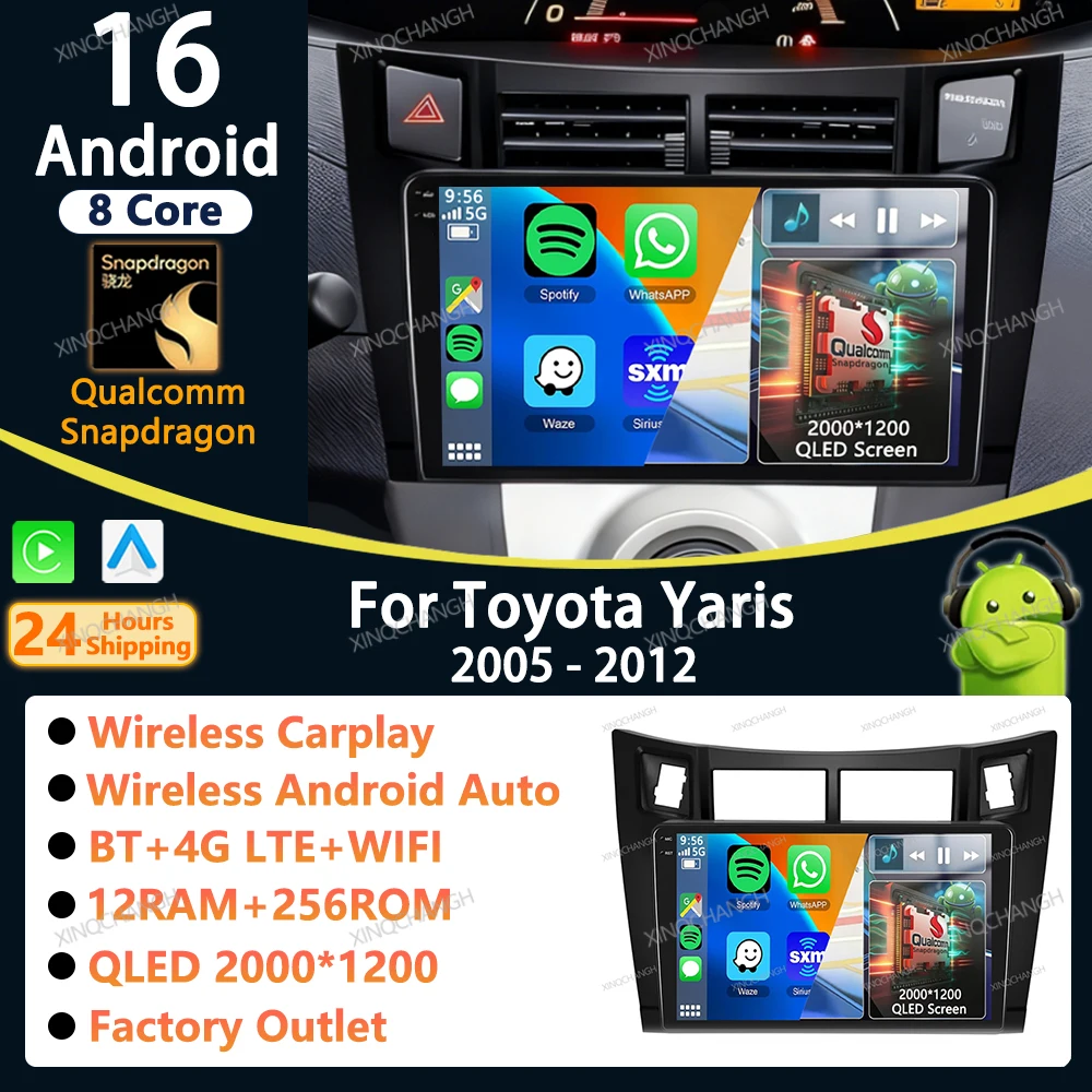 Autoradio Android 16 Carplay Auto pour Toyota Yaris Xp90 2005 - 2012, Lecteur Vidéo 2 DIN, Accessoires Stéréo, Unité Centrale Audio avec Cadre