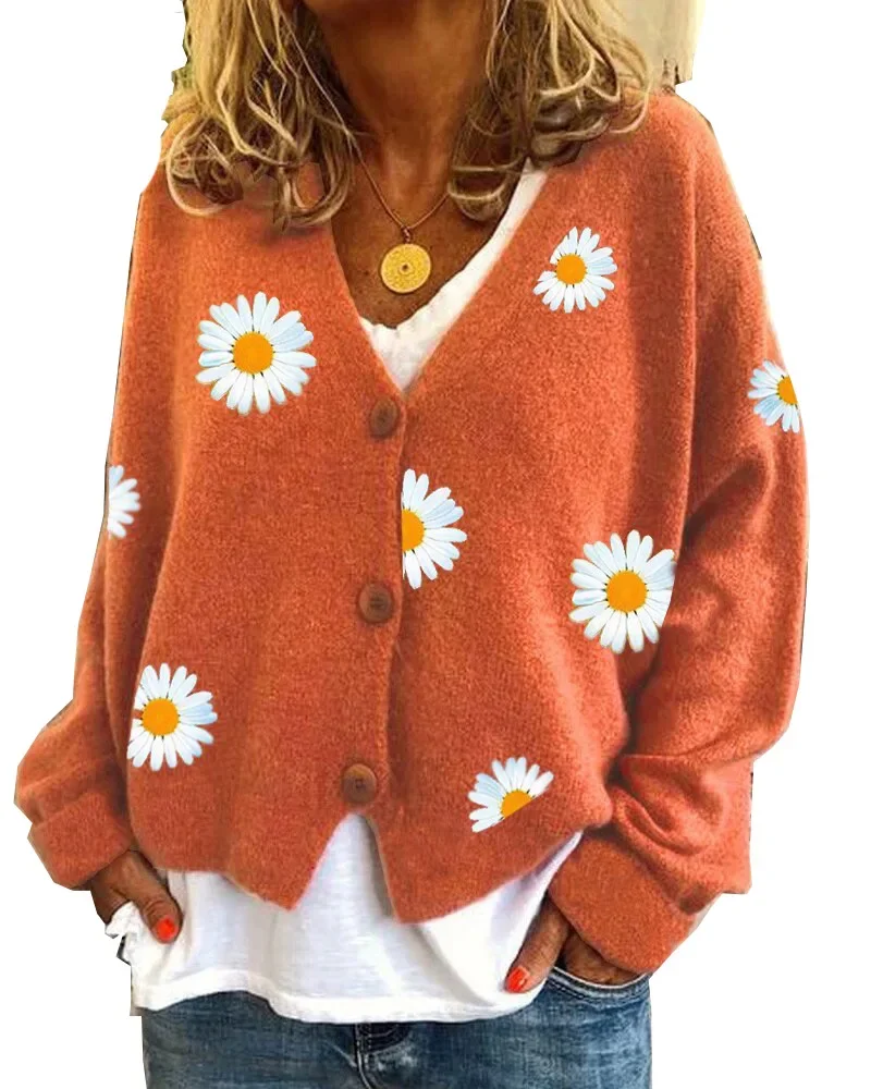 Coats Women Knitted Cardigan Floral V Neck Full Sleeve Coat Single Breasted Sweaters Jumpers Open Stitch Autumn Winter 3
