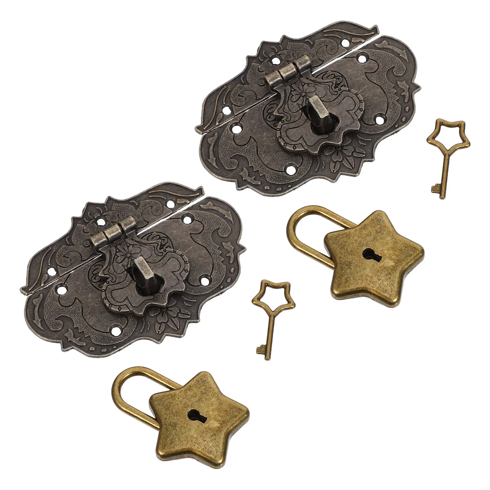 Vintage Metal Lock Decorative Zinc Alloy Hasp Clasp Latch Lock Key Star Shaped Padlock for Small Jewelry Box Wooden Case Cabinet