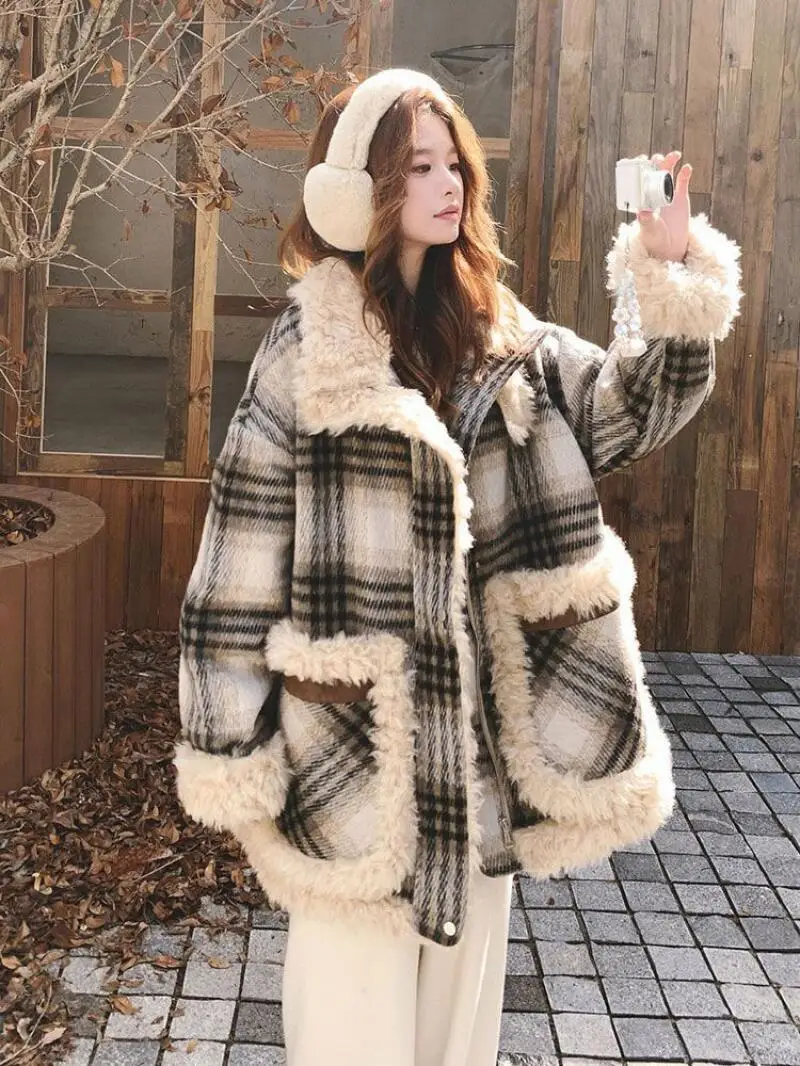 Cappotto invernale da donna Taglie forti Abbigliamento Cappotto in cotone ispessito in pile patchwork scozzese retrò Grasso mm Allentato caldo