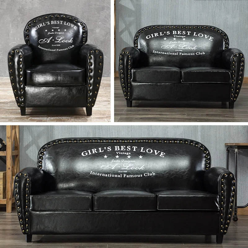 American retro leather sofa single and double three-person bar cafe tea house booth clothing store small apartment sofa solid wo