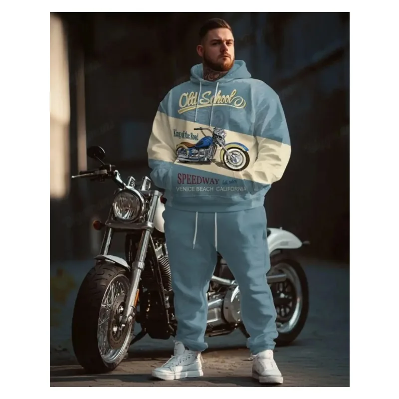 طقم سراويل بقلنسوة مطبوعة ثلاثية الأبعاد بأحرف دراجة نارية زرقاء عصرية للرجال من Street Fashion ملابس كاجوال يومية جماليات أزياء الشارع