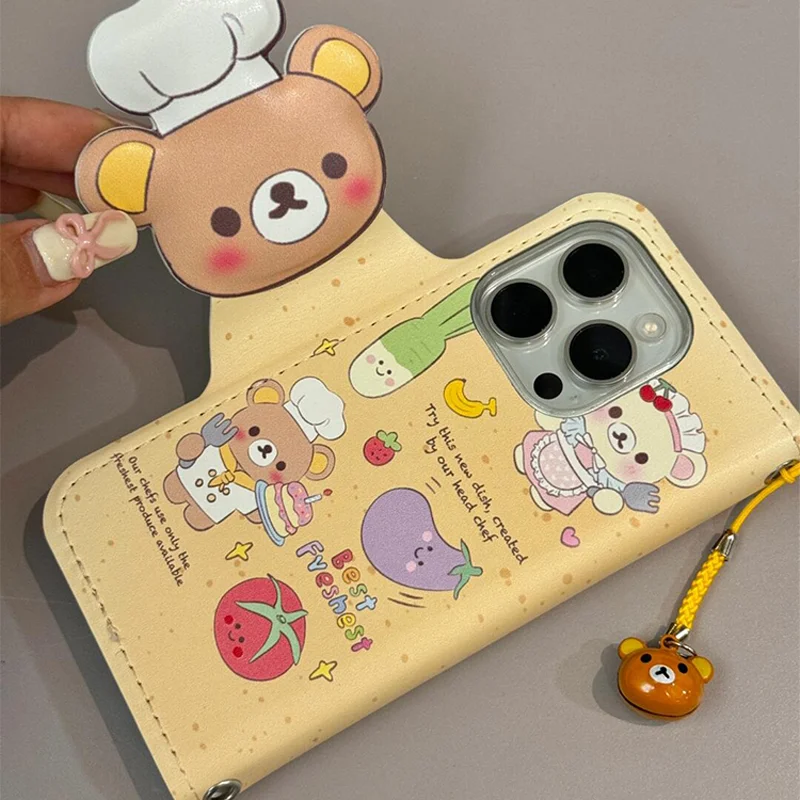 

Rilakkuma милый мультфильм аниме окружающий шеф-повар Rilakkuma модель кожаный откидной чехол подходит для Apple 16promax новый чехол для телефона подарок
