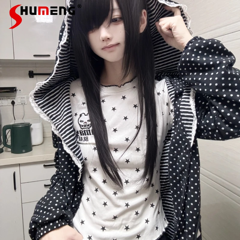 

Black White Double-Sided Fabric Black Cat Hooded Cardigan Vintage Coat Japanese Style Sweet Lace Long Sleeves Zipper Sweatshirts