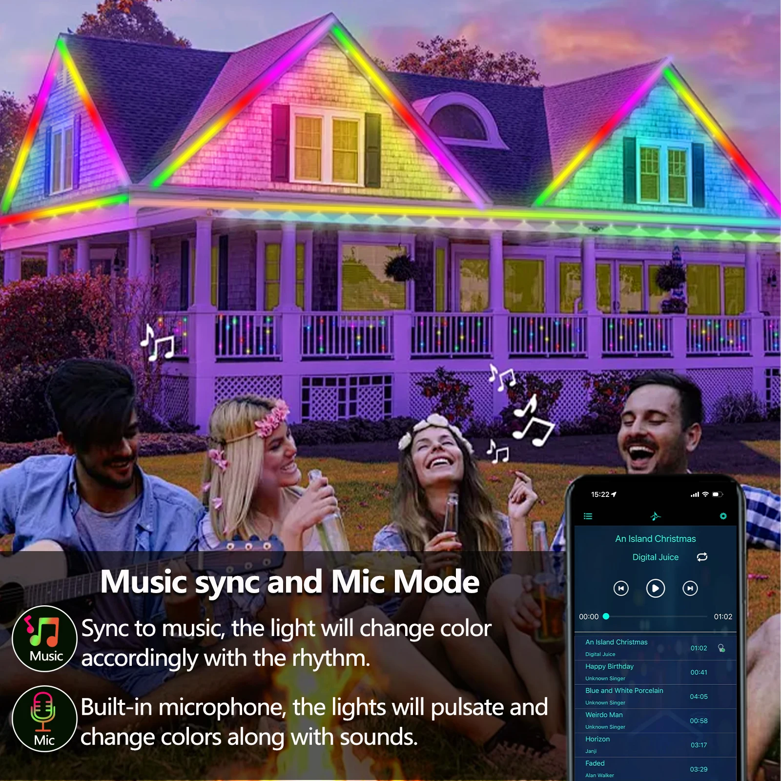 Outdoor LED Strip Light Waterproof, IP68 Outside RGB+IC Light Strip with App/Remote Control, Chase Mode, Music Sync Light for Balcony, Deck,Rooftop, Garden, Pool - view 3