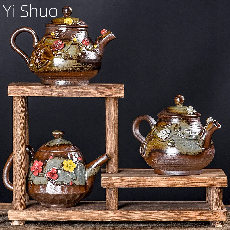 Japanese Retro Handmade Flower-picking Teapot Retro Kiln-changing Teapot Creative Kiln-changing Ceramic Kung Fu Tea Kettle