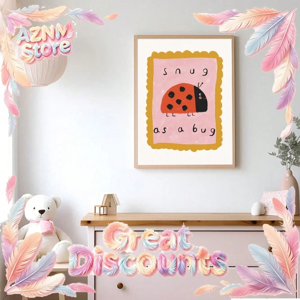 Cute Ladybug Kids Wall Art Canvas, Cartoon Nursery Poster Print for Baby Room, Playroom and Bedroom Decor, Snug as a Bug 2026