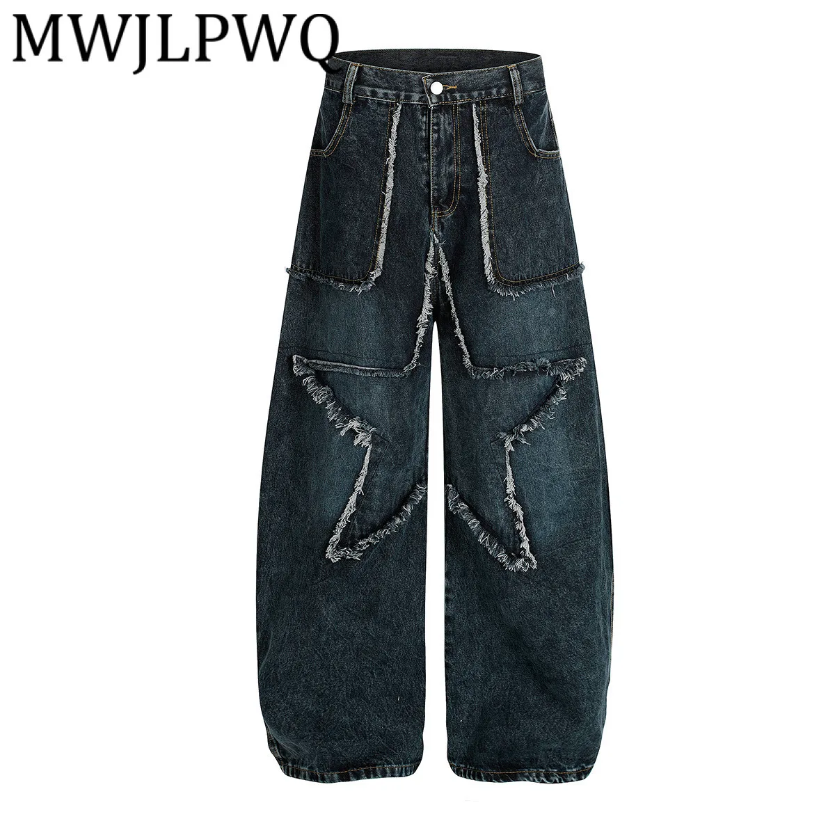 

MWJLPWQ, потертые джинсы в американском стиле с вышивкой, мужские потертые джинсы High Street, осень 2022, модные широкие брюки Machete 21249