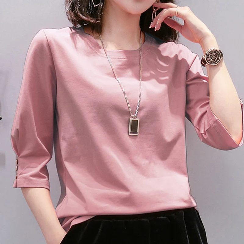 Spring Summer O Neck Simple Cotton Loose Casual Pullover Top Women Solid 3/4 Sleeve Buttons All Match T-shirt Female Tee Clothes