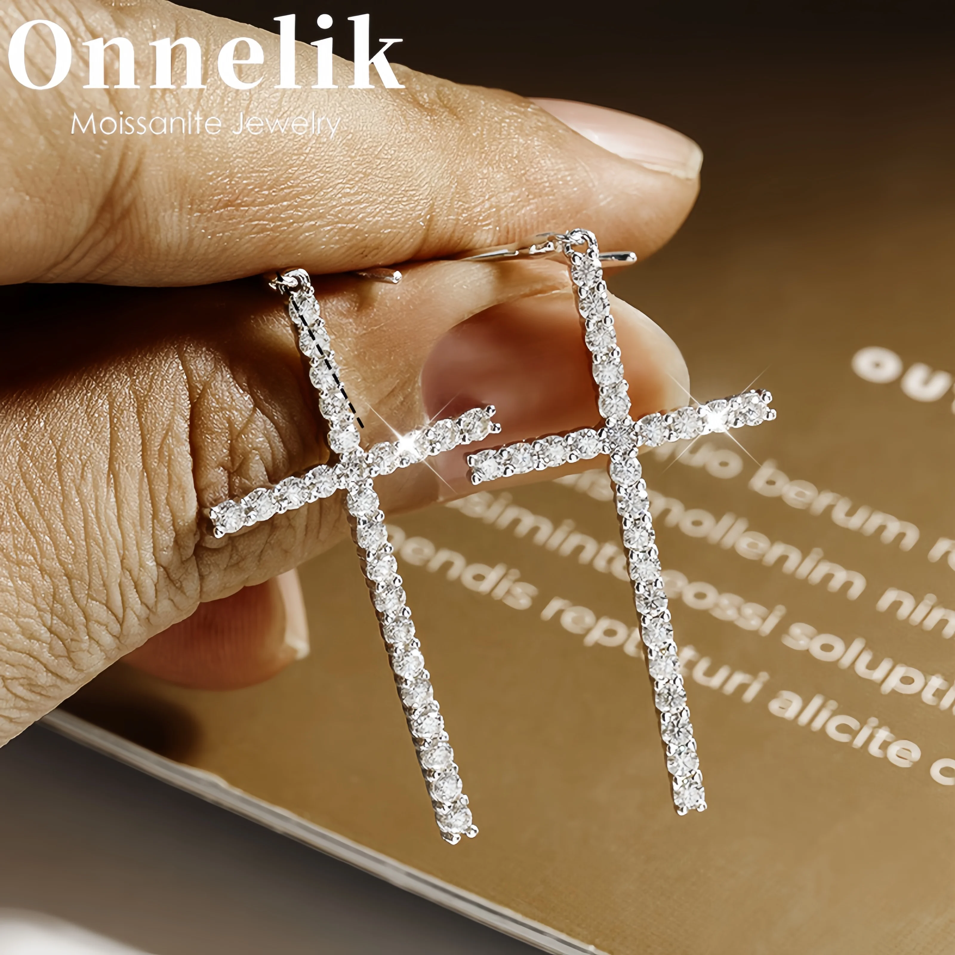 

Onnelik D Color Full Moissanite Cross Drop Earrings for Women Elegant Birthday S925 Sterling Silver Fine Jewelry Sparkly Gift