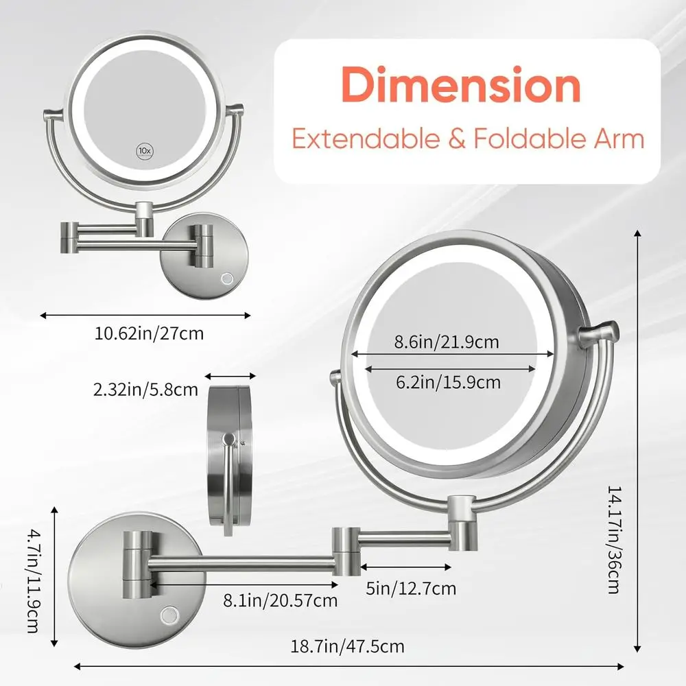 13インチ ブラッシュドニッケル製 壁掛け式 10倍拡大鏡付きメイクアップミラー、3段階調光LEDライトと伸縮アーム付き