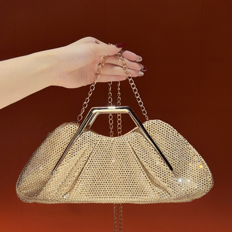 Luxury Crystal Rhinestone Evening Bag for Women Triangle Metal Frame Handle Handbag Formal Banquet Clutch for Wedding Nightclub