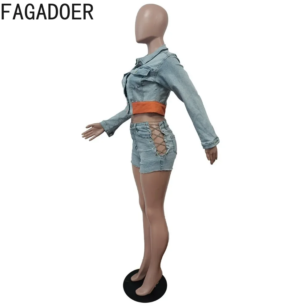 FAGADOER Fashion Y2K Denim Shorts Two Piece Sets Women Turndown Collar Long Sleeve Button Crop Top+Bandage Hollow Shorts Outfits