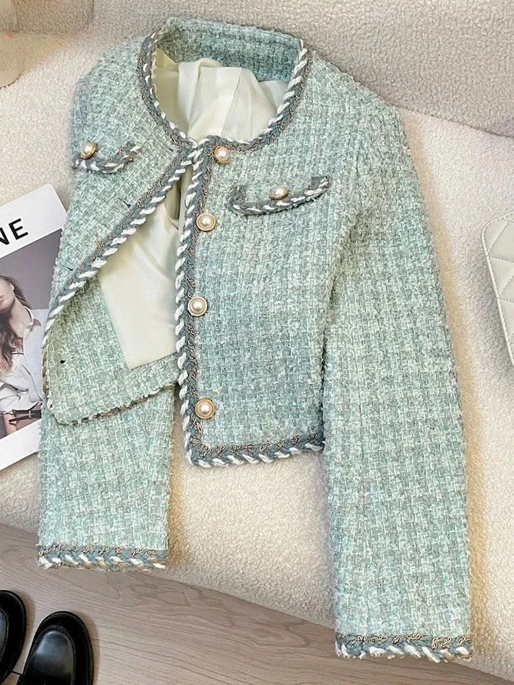 

Корейская мода, твидовая верхняя одежда с круглым вырезом, женские повседневные однобортные укороченные куртки, весна-осень, новые шикарные Chaquetas с длинными рукавами