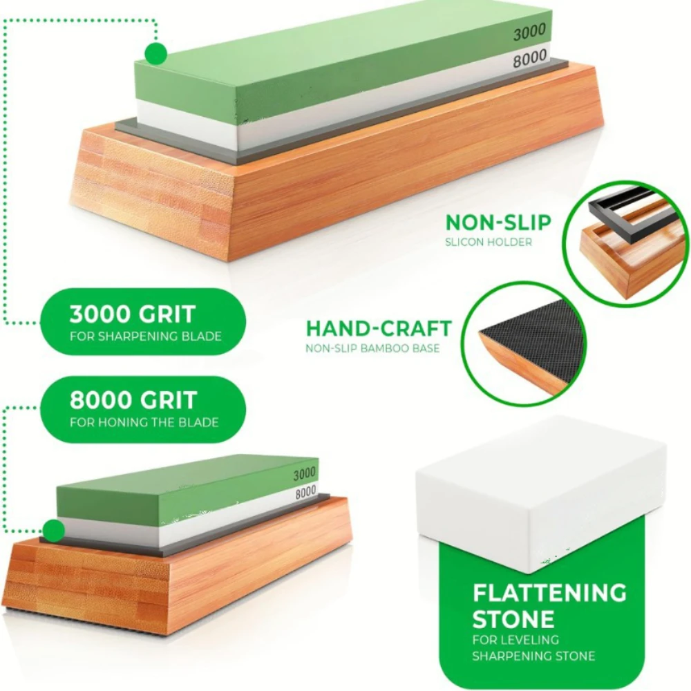 

Sharp Premium Whetstone Knife Sharpening Stone 2 Side Wetstone Kit -Wetstone Kitchen Knife Sharpener with Non-Slip Bamboo Base