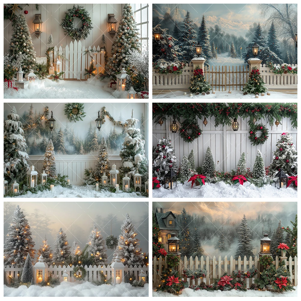 

Christmas Photography Background Custom Pine Fence Garland Xmas Tree Children Adult Family Party Portrait Decor Backdrop Props