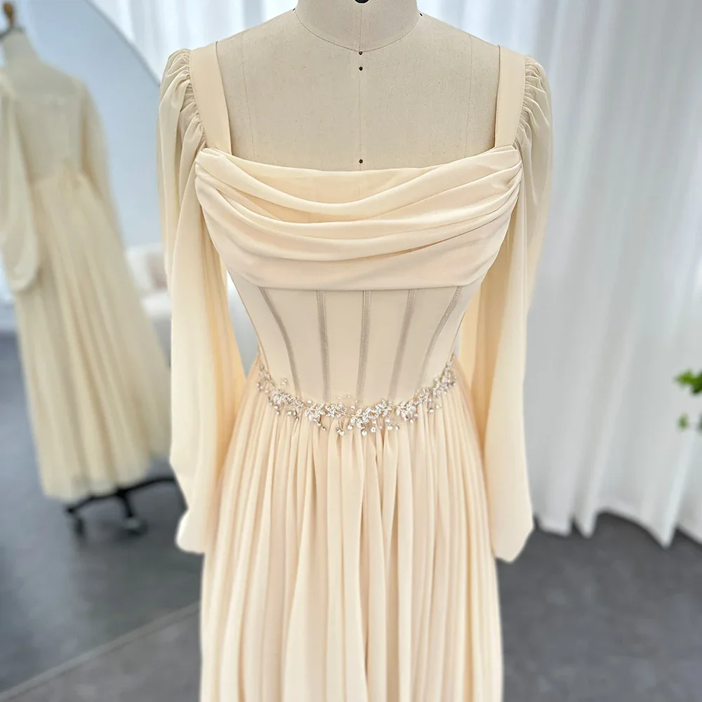 Elegant Square Collar Evening Dresses with Belt Chic Long Sleeves Pleat A-Line Prom Gowns Fashion Ankle Length Party Dresses