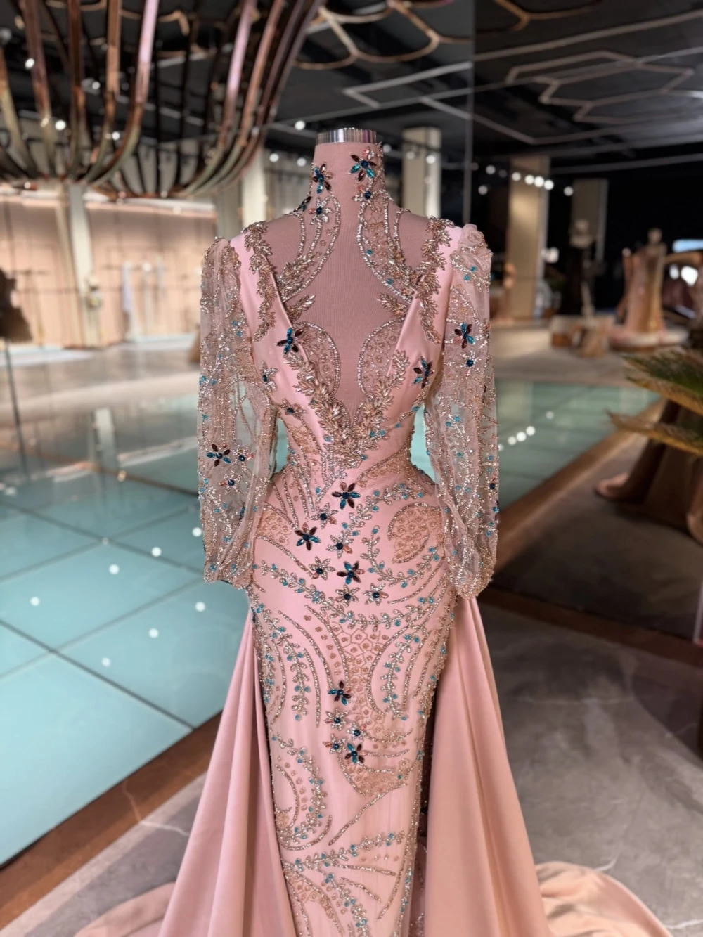 Detachable Train Heavy Beaded Evening Dress Illusion Long Sleeve Wedding Party Gown Customized Sparkly Crystal Prom Dresses