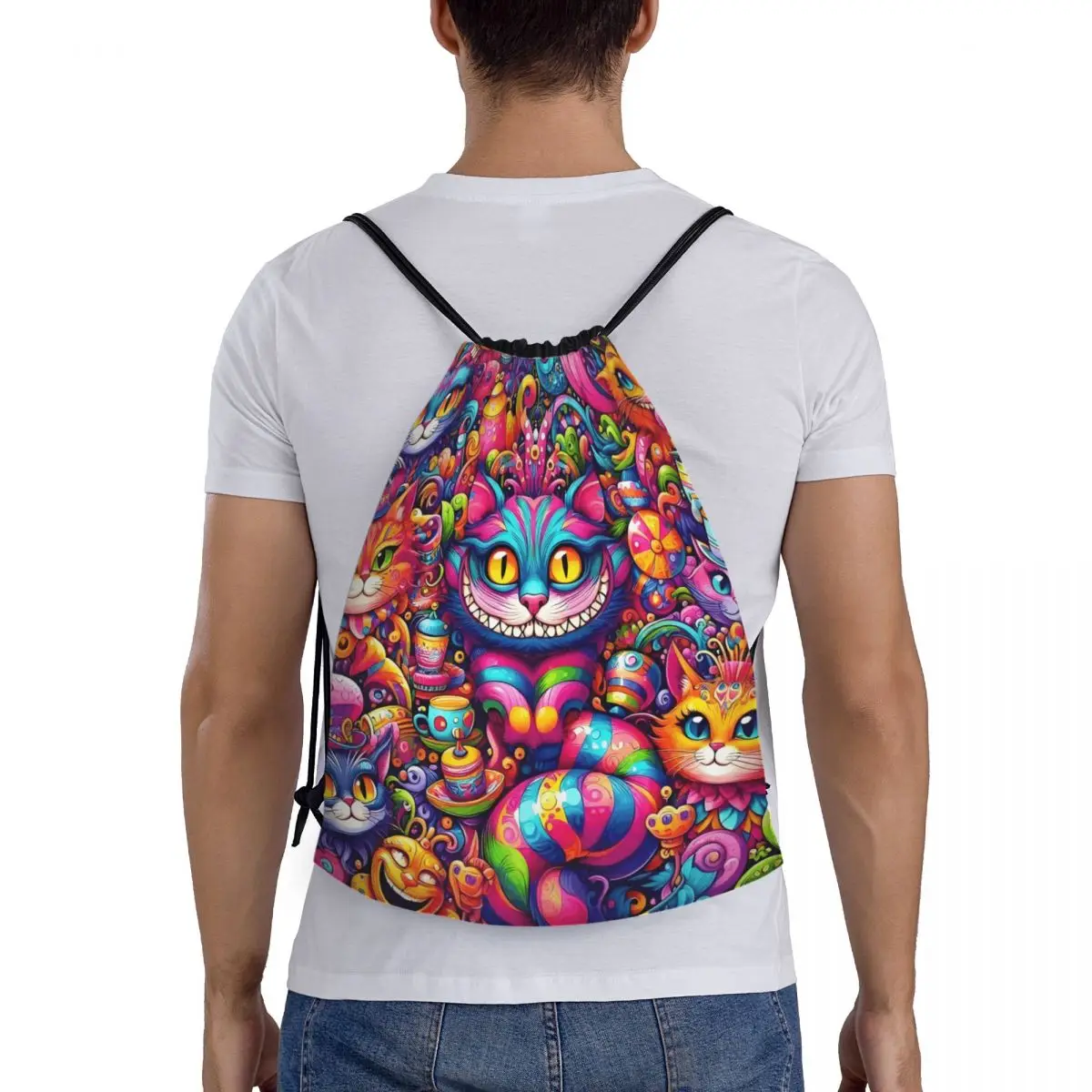 مخصص أليس في بلاد العجائب الرباط حقيبة الرجال النساء طوي رياضة الرياضة Sackpack مضحك Cheshires القط التسوق تخزين الظهر #5