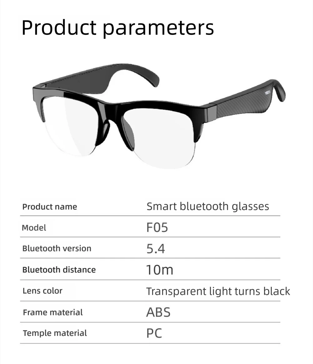 New F05 smart glasses - water-resistant, Bluetooth-enabled, AI-enabled voice calls, Bluetooth music playback, sunglasses