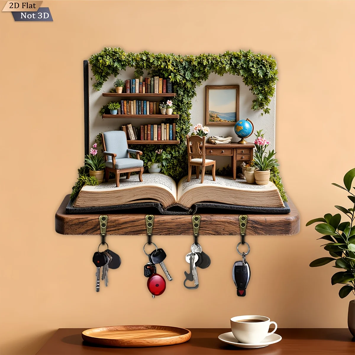 2D Flat, 1pc, Literary Study Theme Style Wooden Multi-functional Home Key Rack, with Four Metal Hooks, Wall Decoration, Porch