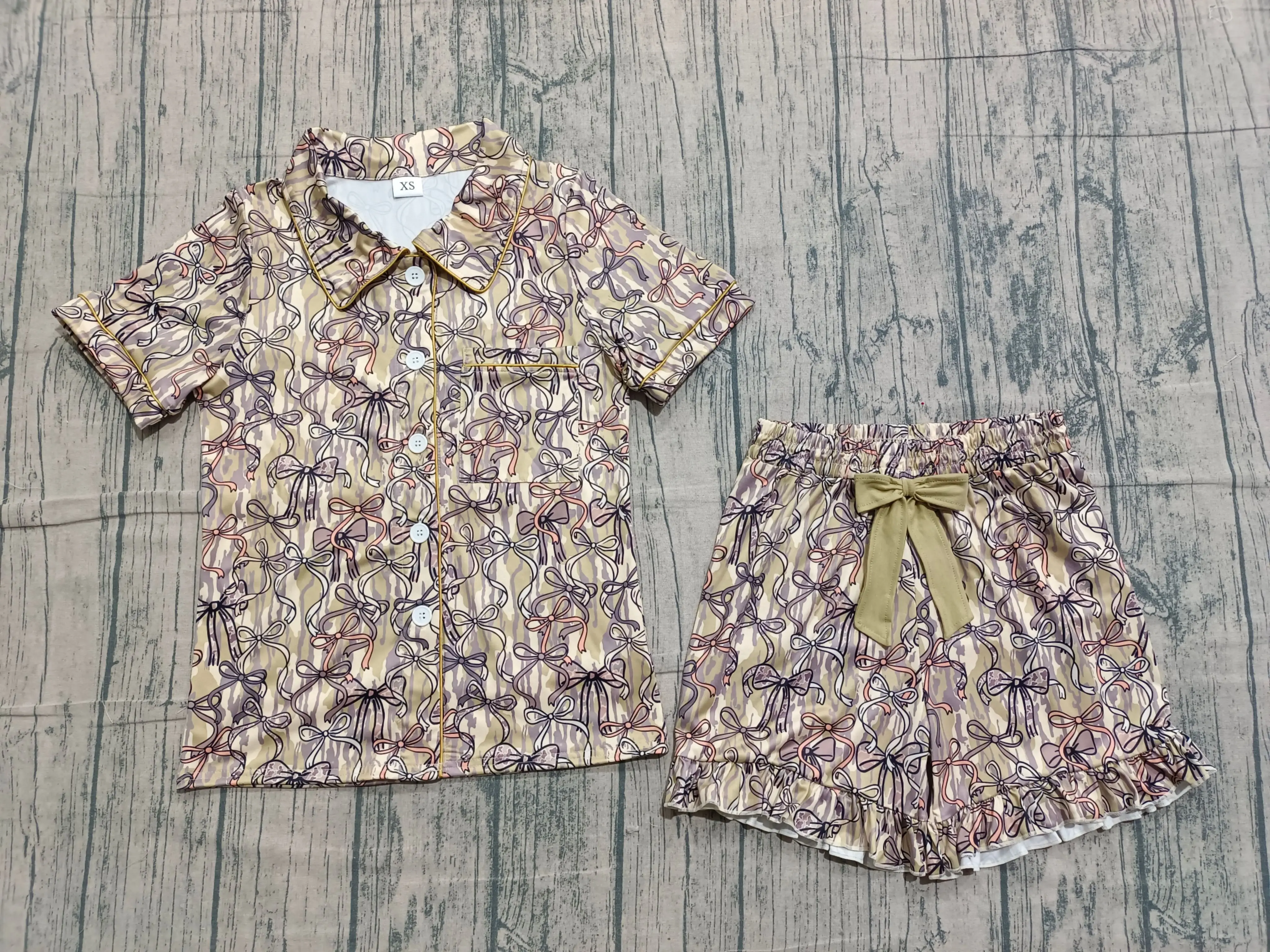 Wholesale Woman Girl Set Buttons Pocket Shirt Ruffle Shorts Camo Outfit Pajamas Wholesale Adult Short Sleeves Women Bows Clothes