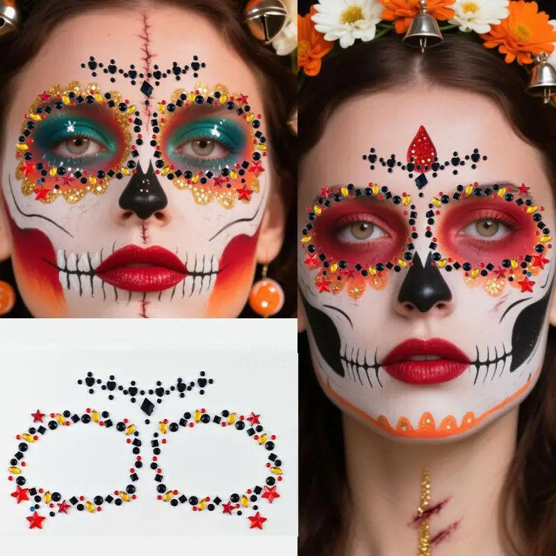 Colorful Flower Skull Face Jewel Stickers With Sparkly Rhinestone Self Adhesive For Halloween Cosplay Makeup