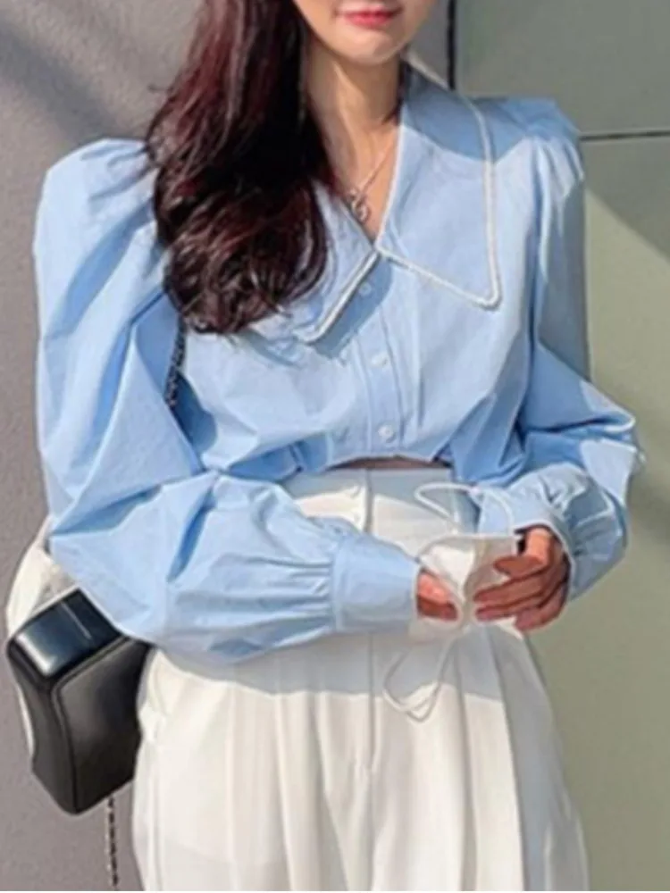 Azul faion irt design feminino cintura-emagrecimento ort bolha sve gola de boneca jovem único botão superior commute sle