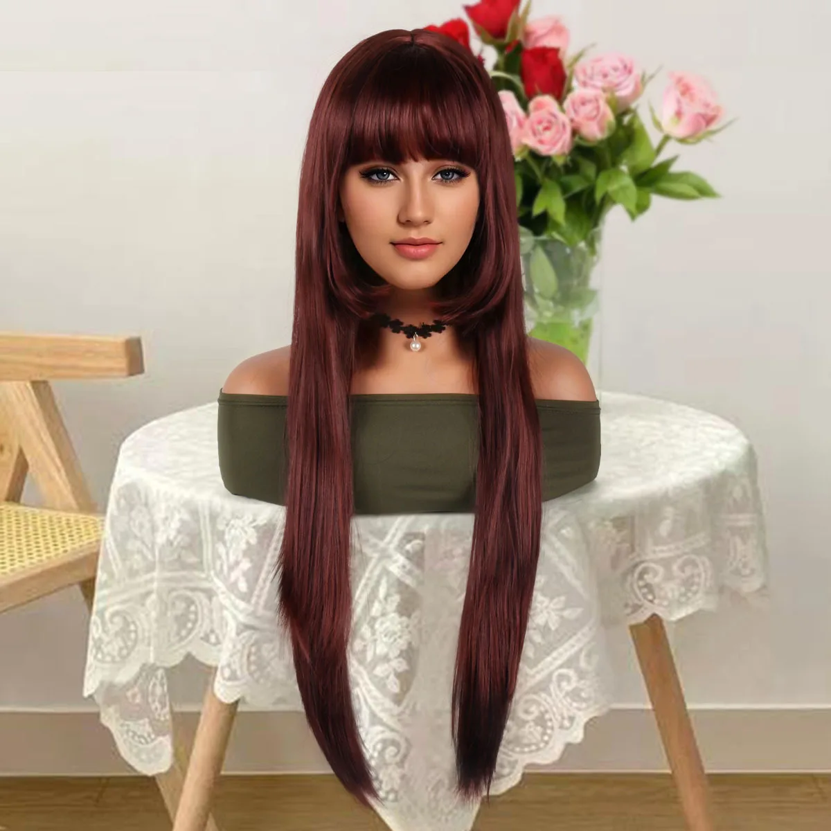 

Ladies Synthetic Wig Princess Cut Long Straight Bangs Full Head Wig Natural Daily Wear Date, holiday party