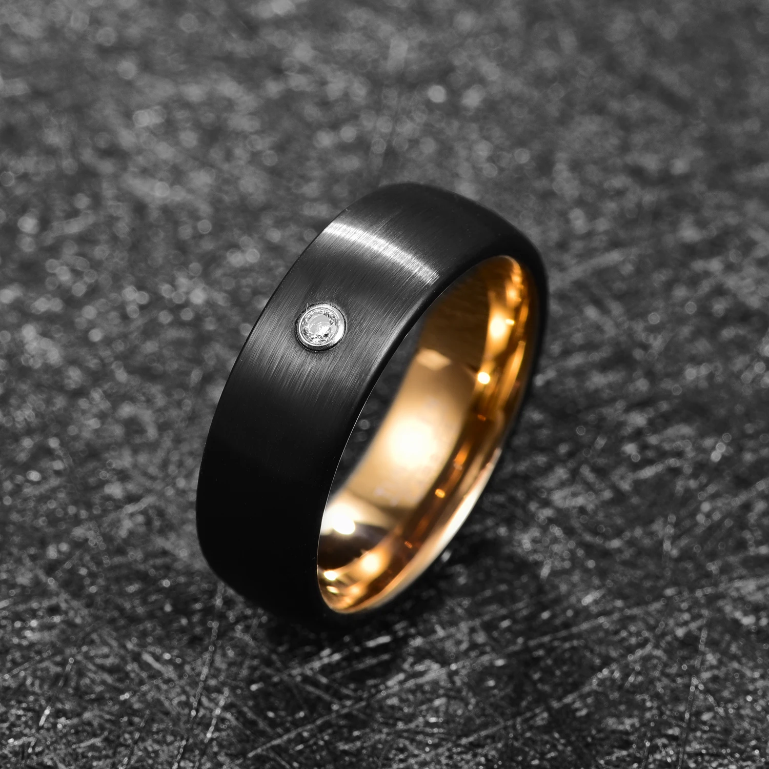 Nuncad Black Inner Gold Lasha Inlaid Stone Tungsten Carbide Wedding Rings For Men Polished Shiny Comfort Fit