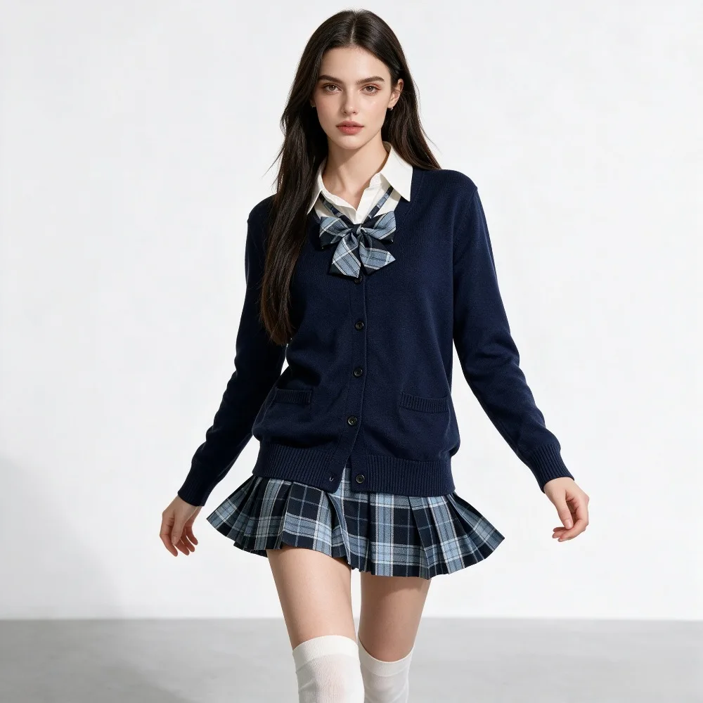 JK School Uniform Plaid Pleated Skirt Cardigan Set Preppy College Outfit School Uniform Campus Back To School Daily Wear