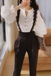 DABUWAWA Tienda Vestidos Elegantes Para Mujeres Lace Pants Women Office Lady Empire Legging Sashes Straight Trousers DA1CRT002