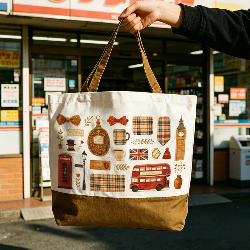 

1PC London Impressions Canvas Tote Bag Large Capacity Shopping Bag Eco-Friendly Single Shoulder Handbag Durable Carrier