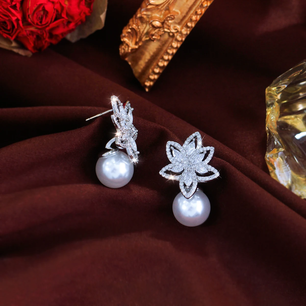 CWWZircons Noble Flower Leaf Shape Glittering Cubic Zirconia Pave Women Party Wedding Drop Pearl Earrings Accesories Gifts E0959