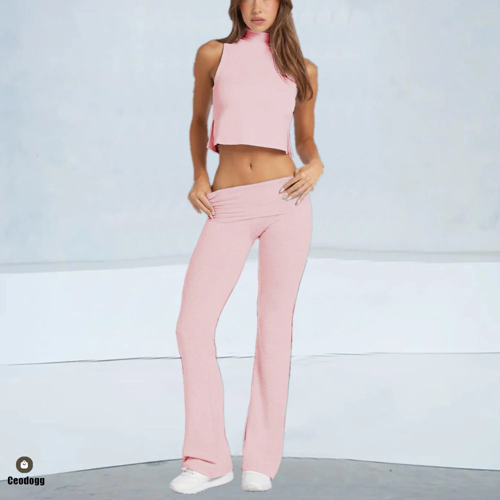 Pad 2PCS Women Yoga Set ONeck Sleeveless Vest Crop Top Shirt Fold Waist Flare Leggings Stretchy Gym Running Outfit Suits XP101