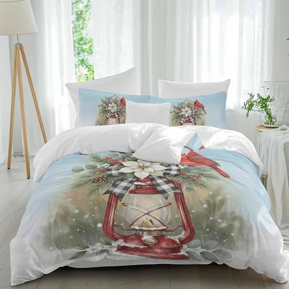 

Chrisas Light Sheet Set, Watercolor Xmas Poinsettia Bird Berry Winter 4 Pieces Breathable Sot Duvet Cover Set Bedding Cozy Bed l