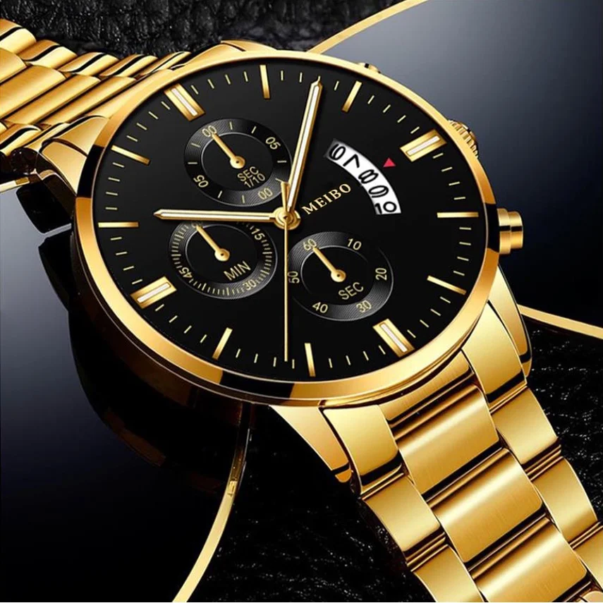 3PCS/Set Fashion Men Business Watches Luxury Steel Band Large Dial Analog Quartz Watch Relogio Masculino（Without Box）