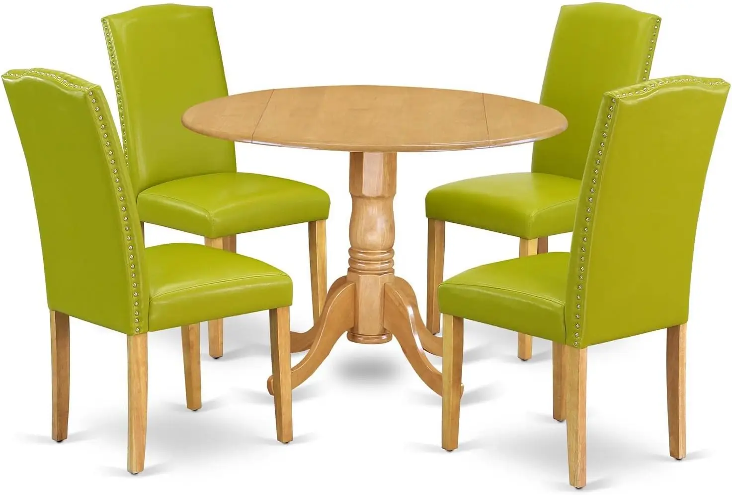 51 5 Piece Modern Dining Table Set Includes a Round Wooden Table with Dropleaf and 4 Autumn Green Faux Leather Upholstered